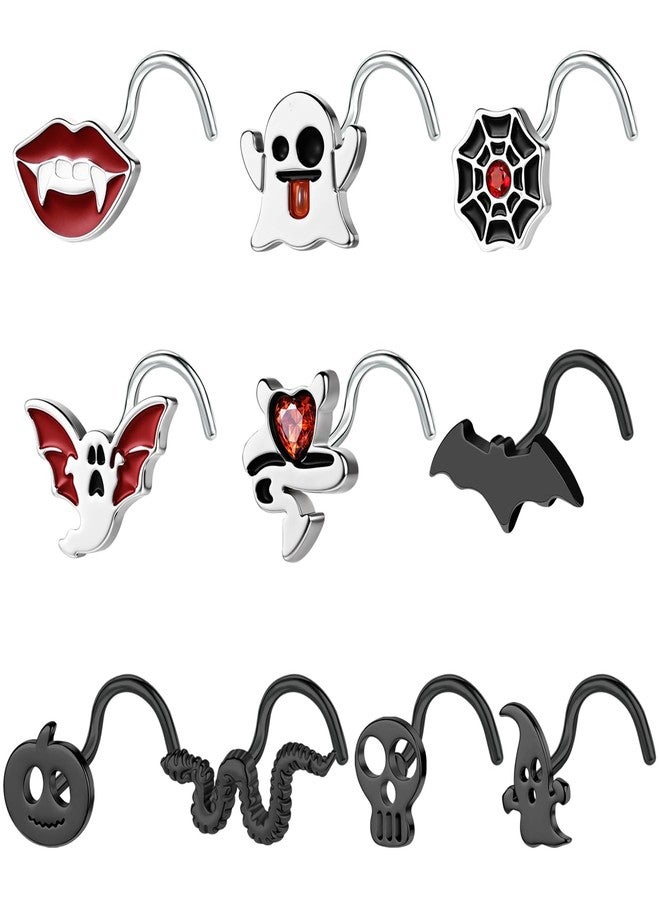 BodyAce 20G Nose Rings Halloween Nostril Studs Black Nose Stud Stainless Steel Nostril Ring L Shaped Nose Piercings Bat Skulls Pumpkins Halloween Jewelry [A:Screw] - Image 1